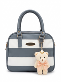 Striped Handbag with Teddy Charm | Premium PU Leather